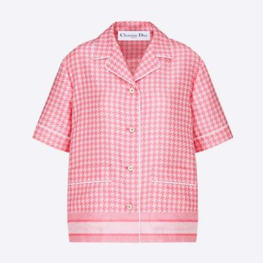 Dior Women Chez Moi Short-Sleeved Shirt Peony Pink Silk Twill with Micro Houndstooth Motif