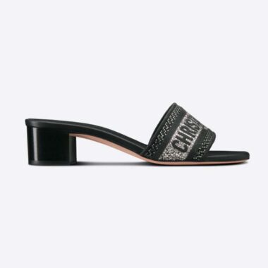 Dior Women Dway Heeled Slide Black Cotton Embroidered