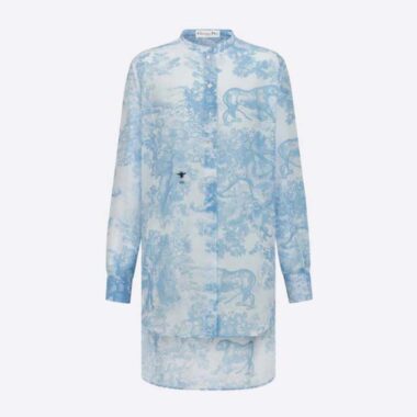 Dior Women Long Blouse Cornflower Blue Cotton Voile with Toile de Jouy Motif