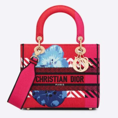 Dior Women Medium Lady D-lite Bag Bright Pink Multicolor D-Flower Pop Embroidery