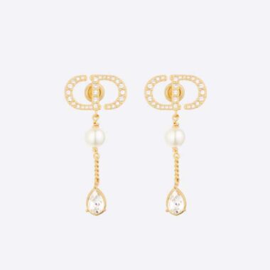 Dior Women Petit CD Earrings Gold-Finish Metal with White Resin Pearls