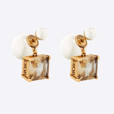 Dior Women Tribales Earrings Antique Gold-Finish Metal with White Resin Pearls and Citrine