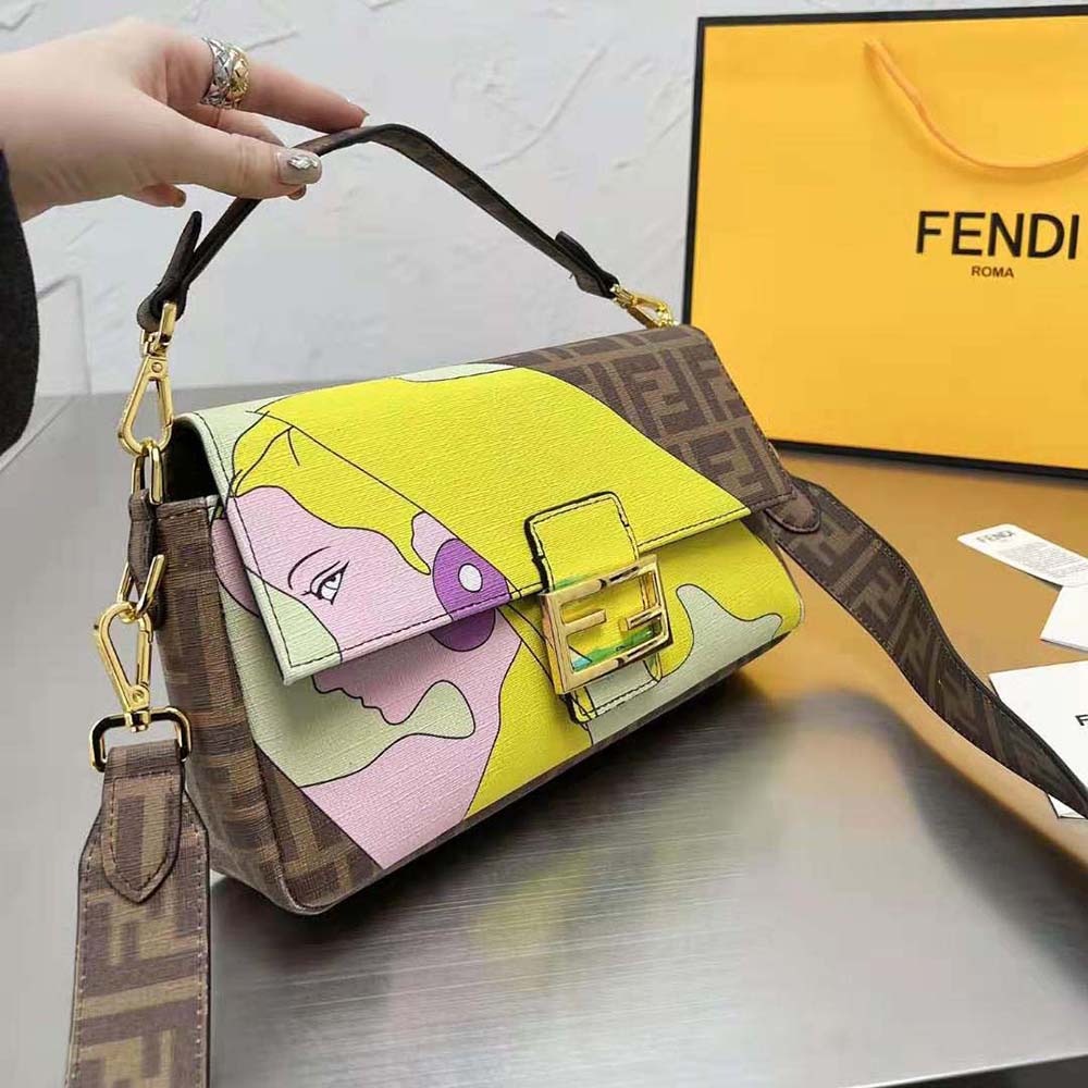 FENDI: Baguette bag in canvas with thread embroidered FF monogram - Yellow  Cream