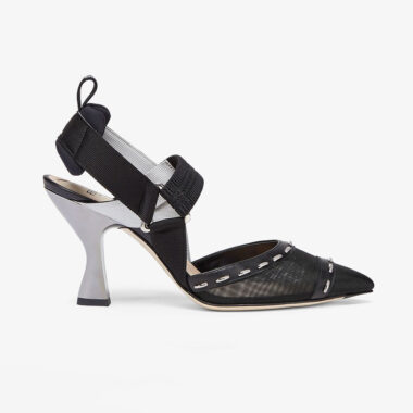 Fendi Women Colibri Black Mesh High-Heel Slingbacks with Metal Stitches