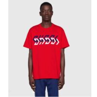 Gucci GG Men Cotton Jersey T-Shirt Red Gucci Mirror Print Crewneck Oversize Fit (9)