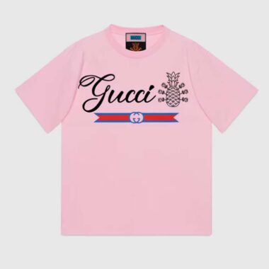 Gucci GG Men Gucci Pineapple Cotton T-Shirt Pink Jersey Crewneck Oversize Fit