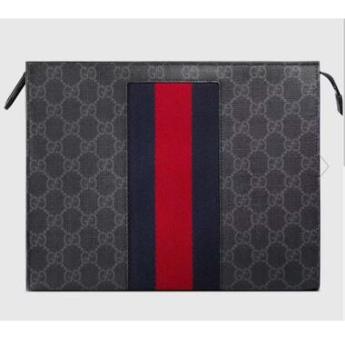 Gucci Unisex GG Black Pouch Black Grey GG Supreme Canvas Blue Red Web