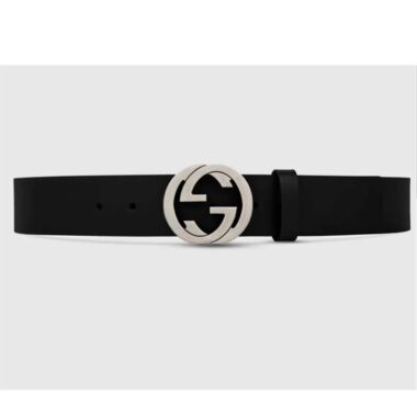 Gucci Unisex GG Leather Belt with Interlocking G Black 3.8 cm Width