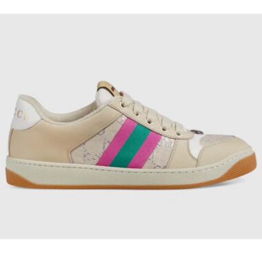 Gucci Unisex Screener Sneaker Pink Green Web Cream Scrap Less Leather