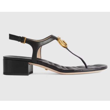 Gucci Women Double G Sandal Black Leather Double G 4.6 cm Heel