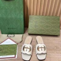 Gucci Women Interlocking G Cut Out Slide Sandal White Leather Flat