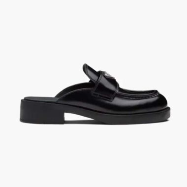 Prada Women Chocolate Brushed Leather Mules-Black