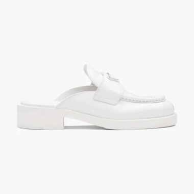 Prada Women Chocolate Brushed Leather Mules-White