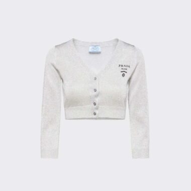 Prada Women Cropped Lurex Cardigan with Intarsia Logo-Silver