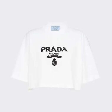 Prada Women Embroidered Interlock Crop T-shirt-White