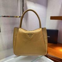 Prada Women Medium Leather handbag with the Prada Metal Lettering Logo Illuminating Its Center-brown (1)