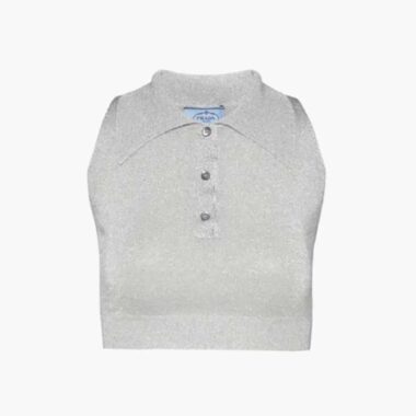 Prada Women Ribbed Knit Lurex Crop Top-Silver