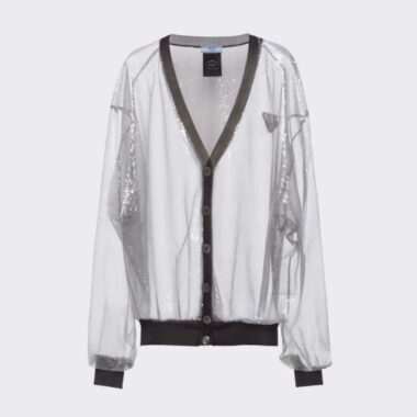 Prada Women Sequin-Embroidered Tulle Cardigan-Black