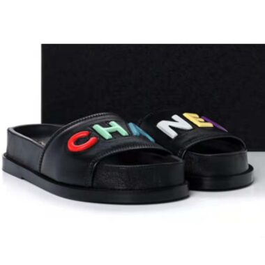 Chanel Women Sandal Black Calfskin Leather Colorful CHA NEL Logos