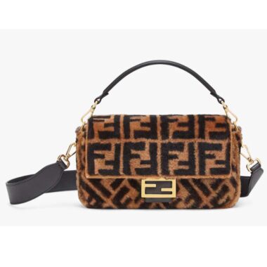 Fendi Women FF Baguette Brown Sheepskin Sheep Fur Calfskin Bag