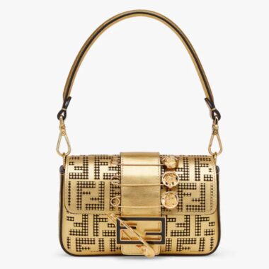 Fendi Women FF Brooch Mini Baguette Fendace Bag Gold Perforated Leather