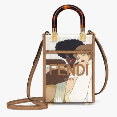 Fendi Women Mini Sunshine Shopper White FF Printed Fabric Mini Bag