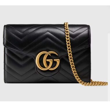 Gucci Women GG Marmont Matelassé Mini Bag Black Chevron Leather Double G