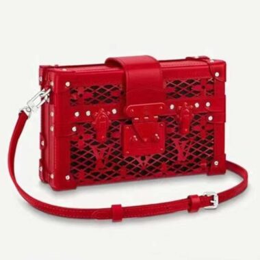 Louis Vuitton LV Women Petite Malle Handbag Red Patent Calfskin Cowhide Leather