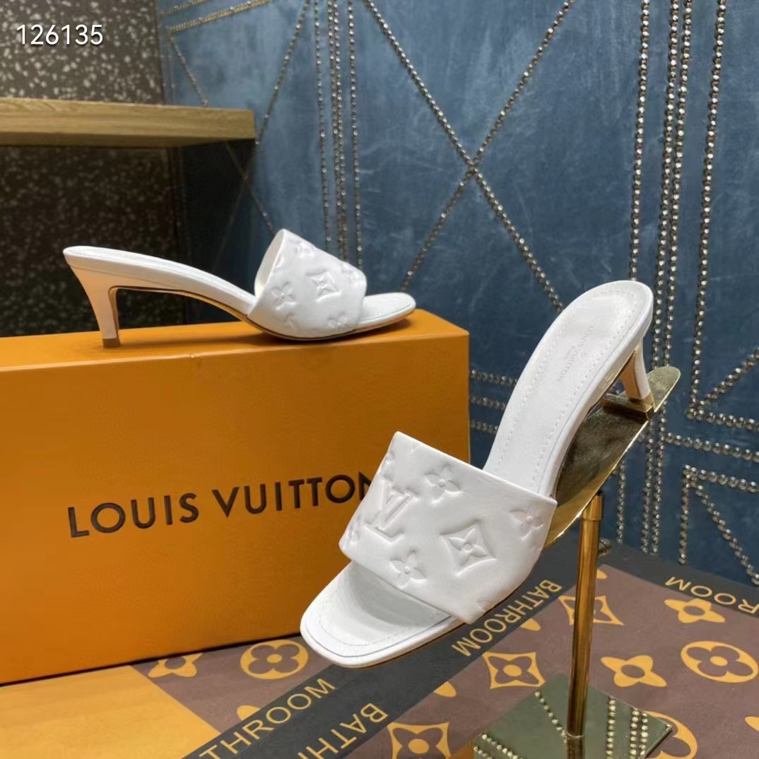LOUIS VUITTON LEATHER MULES HEELS 37.5-7.5 TAN ITALY $1450- 9.5"L WHITE  SLIDES