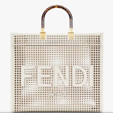 Fendi Women Sunshine Medium White Two-Toned Perforated Leather Shopper