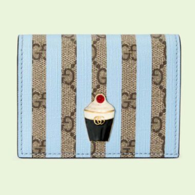 Gucci Unisex Card Case Wallet Enamel Ice Cream Blue Stripe Print Beige Ebony GG Supreme Canvas