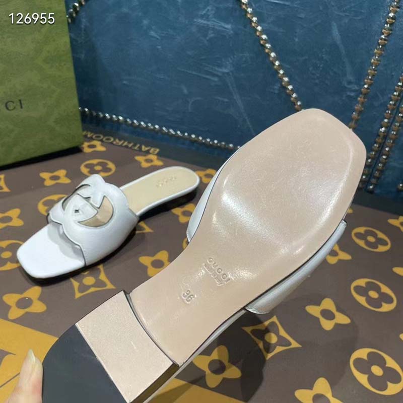 Women's Interlocking G cut-out slide sandal in white leather