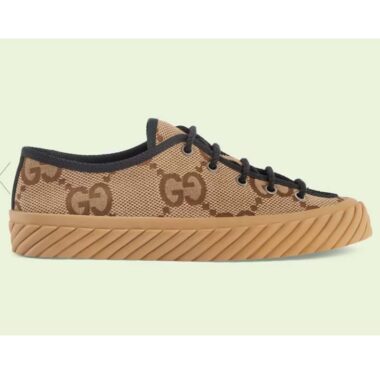 Gucci Unisex Maxi GG Sneaker Camel Ebony Canvas Rubber Sole Flat