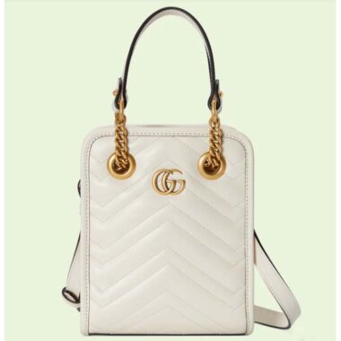 Gucci Women GG Marmont Matelassé Mini Bag White Chevron Leather Double G