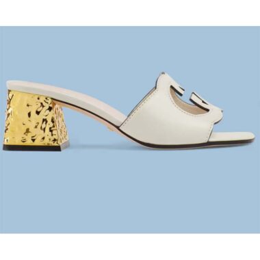 Gucci Women Interlocking G Cut-Out Sandal White Leather Mid-Heel 5 cm Heel