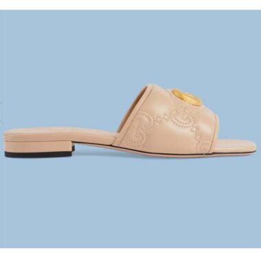 Gucci Women Matelassé Slide Sandal Beige GG Matelassé Leather Square Toe Flat