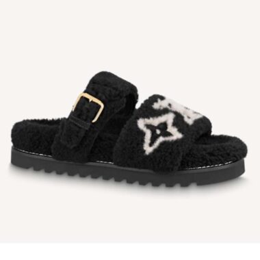 Louis Vuitton LV Unisex Paseo Flat Comfort Mule Black Shearling Monogram Flowers