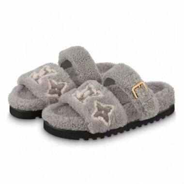 Louis Vuitton LV Unisex Paseo Flat Comfort Mule Grey Shearling Monogram Flowers