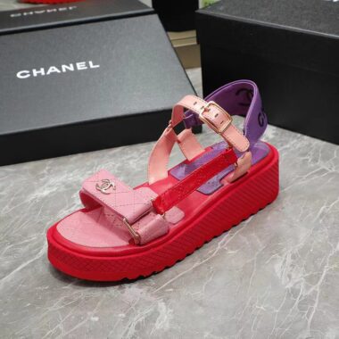 Chanel Women Open Toe Sandal in Calfskin Leather Purple Pink