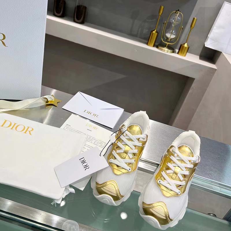 NIB Women's Authentic Dior Vibe White & Metallic Gold Mesh and Leather  Sneakers