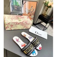 Dior Women CD Shoes Dway Slide White Multicolor Embroidered Cotton Pixel Zodiac Motif (1)