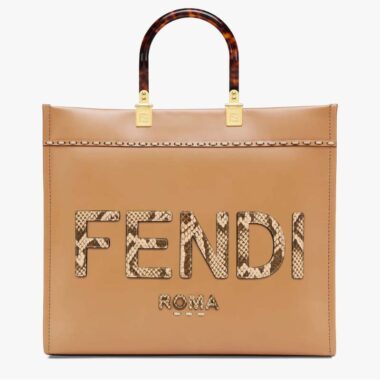 Fendi FF Women Sunshine Medium Light Brown Leather Elaphe Shopper Bag