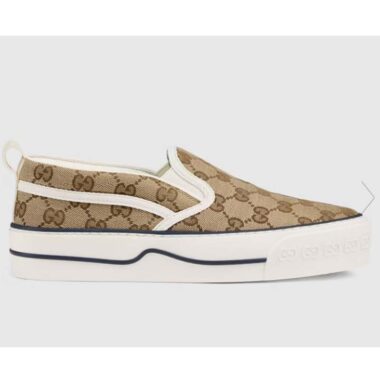 Gucci Unisex GG Tennis 1977 Slip On Sneaker Beige Ebony GG Supreme Canvas