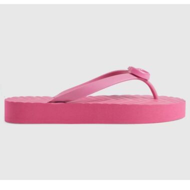 Gucci Women GG Chevron Thong Sandal Pink Rubber Resin Double G Flat