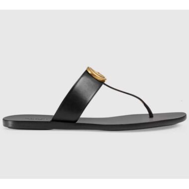 Gucci Women GG Leather Thong Sandal Double G Black Flat