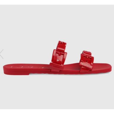 Gucci Women GG Rubber Slide Sandal Hibiscus Red Chain Flat 1.5 Cm Heel