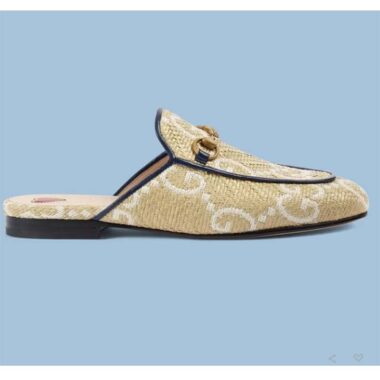 Gucci Women Maxi GG Princetown Slipper Beige White GG Raffia Effect Fabric Flat