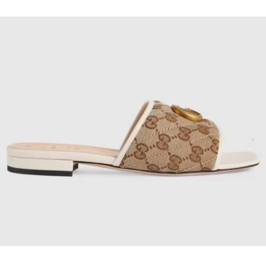 Gucci Women's GG Matelassé Canvas Slide Sandal Double G Square Toe Leather Flat