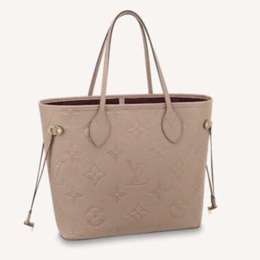 Louis Vuitton LV Women Neverfull MM Tote Tourterelle Gray Embossed Cowhide Leather