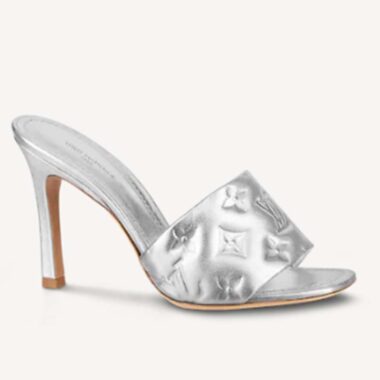 Louis Vuitton LV Women Revival Mule Silver Monogram Embossed Metallic Lambskin